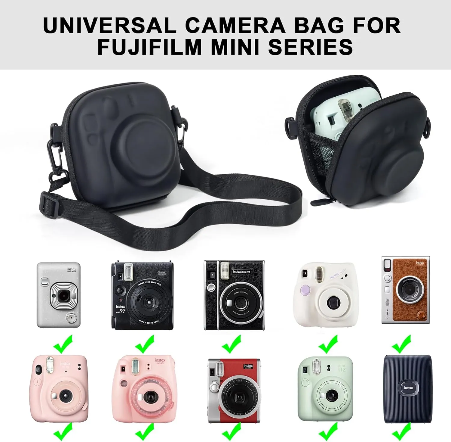 Accessories Kit for Fujifilm Instax Mini 12/11/99/7  SE EVO Instant Camera - Universal Mini Camera Bag, 3 inch Film Photo Album, Photo Border Stickers (No Camera) - Black