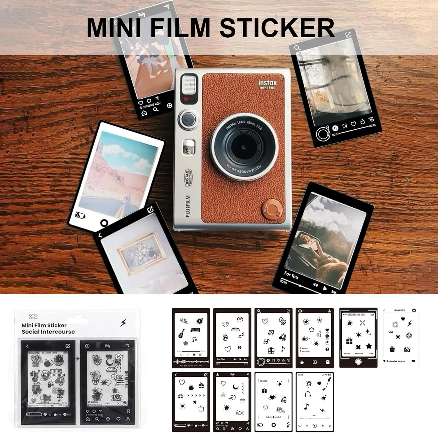 Accessories Kit for Fujifilm Instax Mini 12/11/99/7  SE EVO Instant Camera - Universal Mini Camera Bag, 3 inch Film Photo Album, Photo Border Stickers (No Camera) - Black
