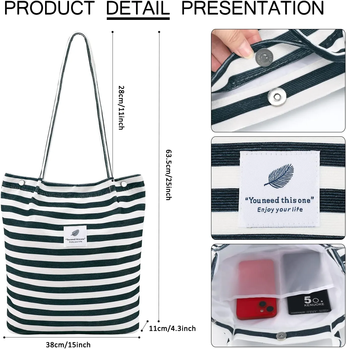 Ayieyill Corduroy Tote Bag for Women Canvas Shoulder Cord Purse with Inner Pocket