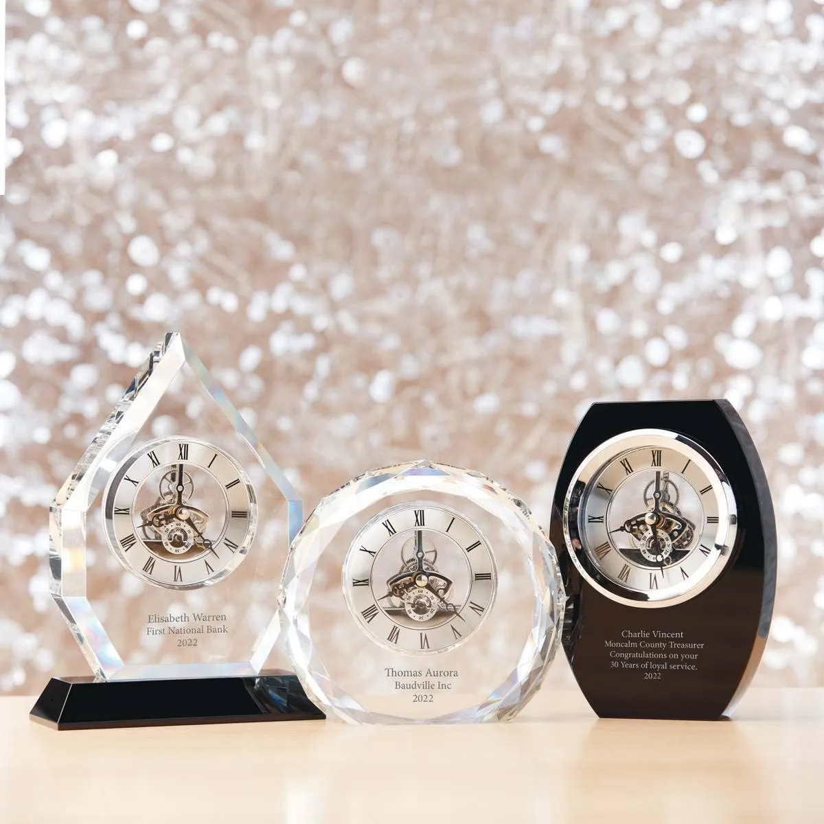 Baudville Engraved - Crystal Clock Trophy in Black - Executive Rectangular Shape with Base - Personalized Engraving Up to Three Lines - Quick - Gift Boxed