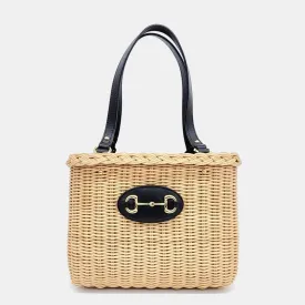 Beige/Black Wicker and Leather Horsebit 1955 Bucket Bag