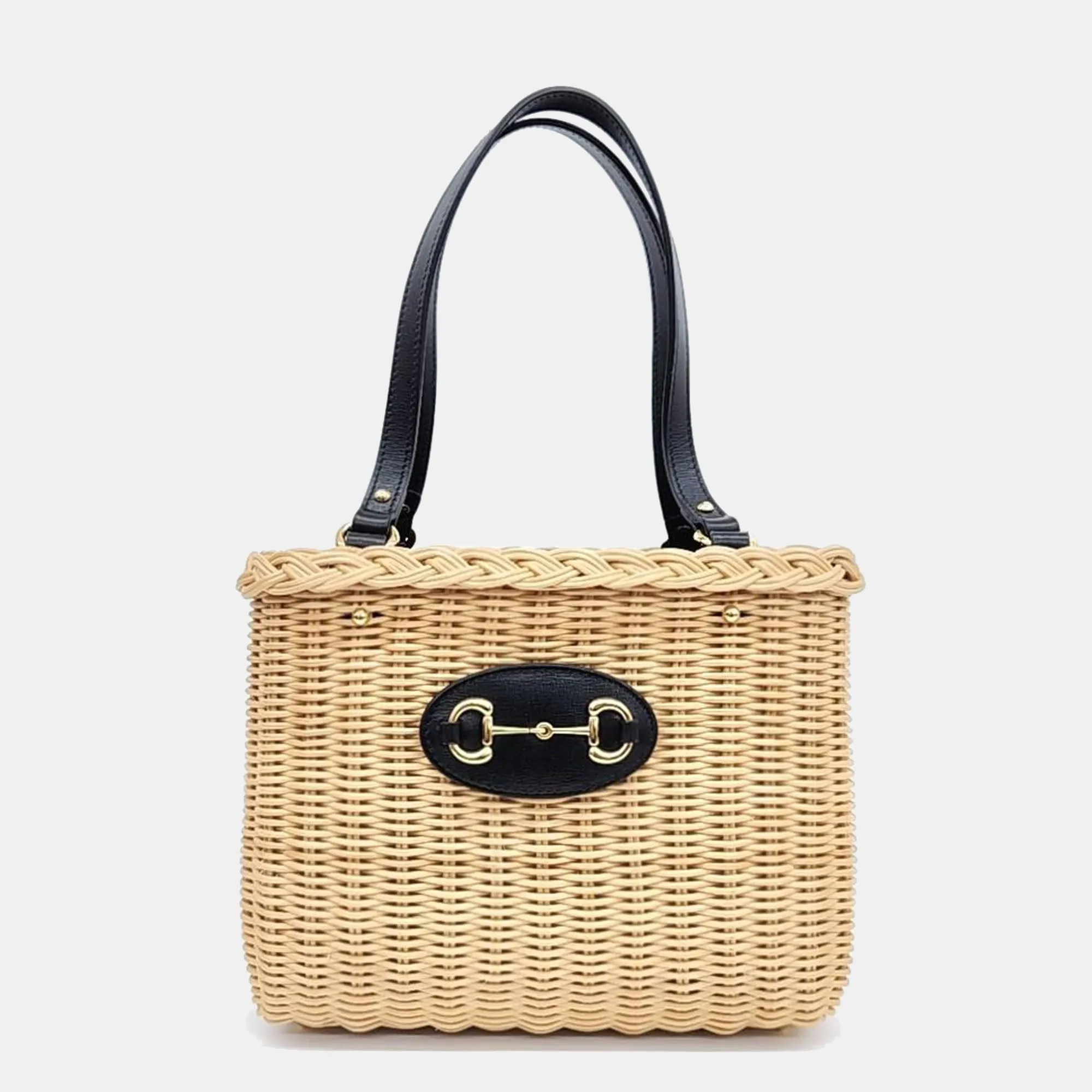 Beige/Black Wicker and Leather Horsebit 1955 Bucket Bag
