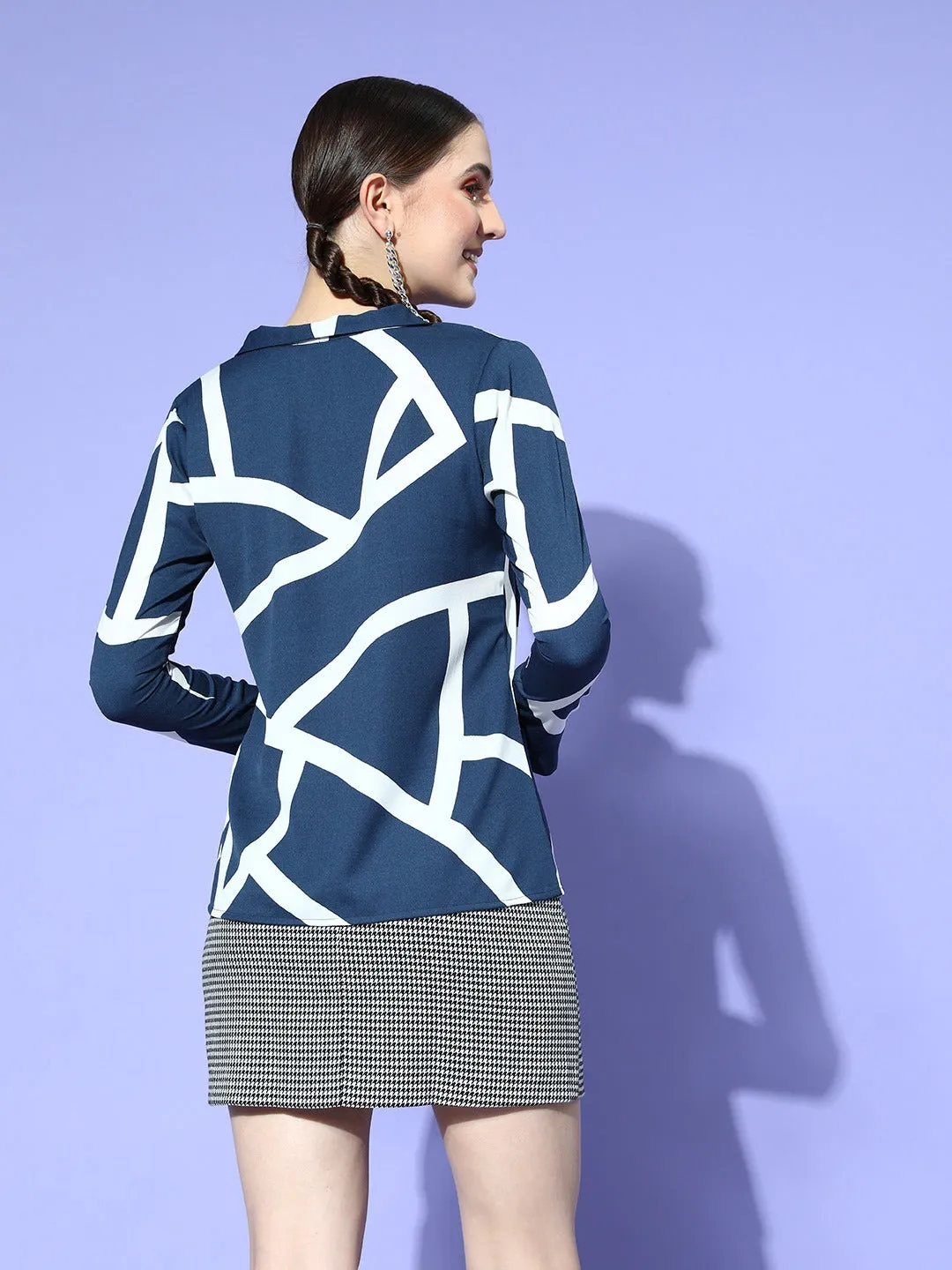 Berrylush Women Navy Blue & White Geometric Printed Tie-Up Neck Crepe Regular Top