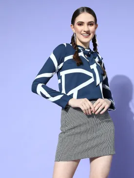 Berrylush Women Navy Blue & White Geometric Printed Tie-Up Neck Crepe Regular Top
