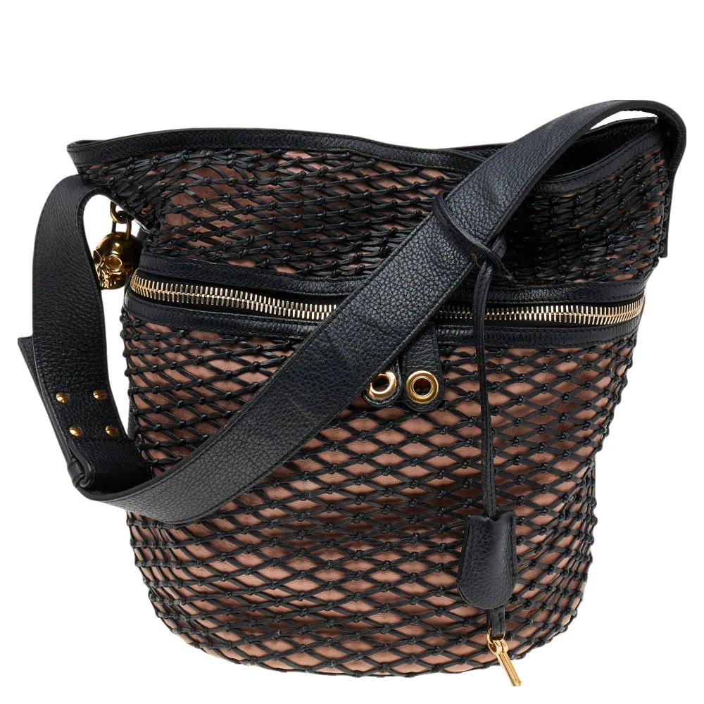 Black/Peach Woven Detail Leather Skull Bucket Bag