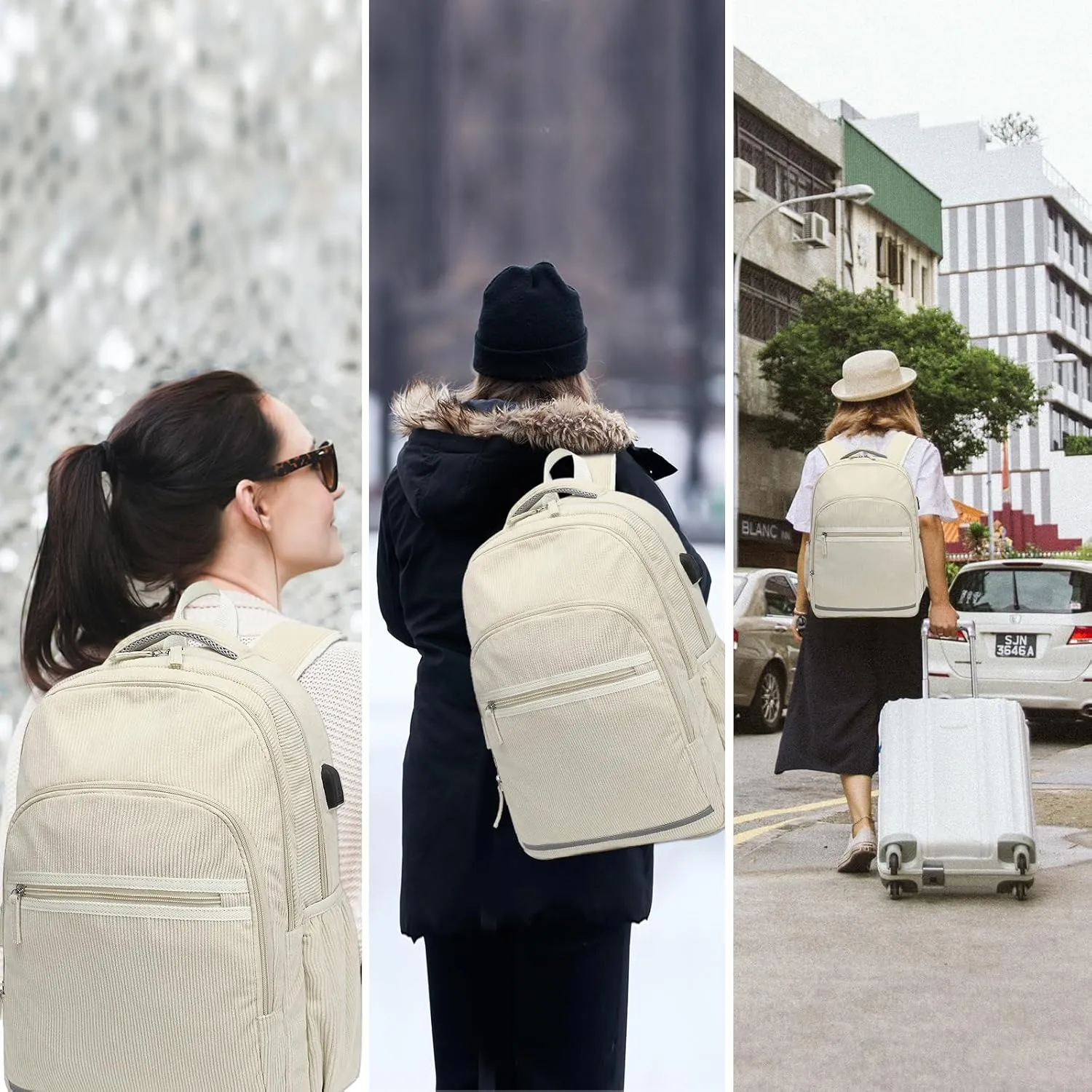 Bluboon Backpack for Women 15.6 Inch Laptop Bookbag College School Backpack Girls Schoolbag Compartment Daypack for Business Travel with USB Charging Port(Corduroy Beige