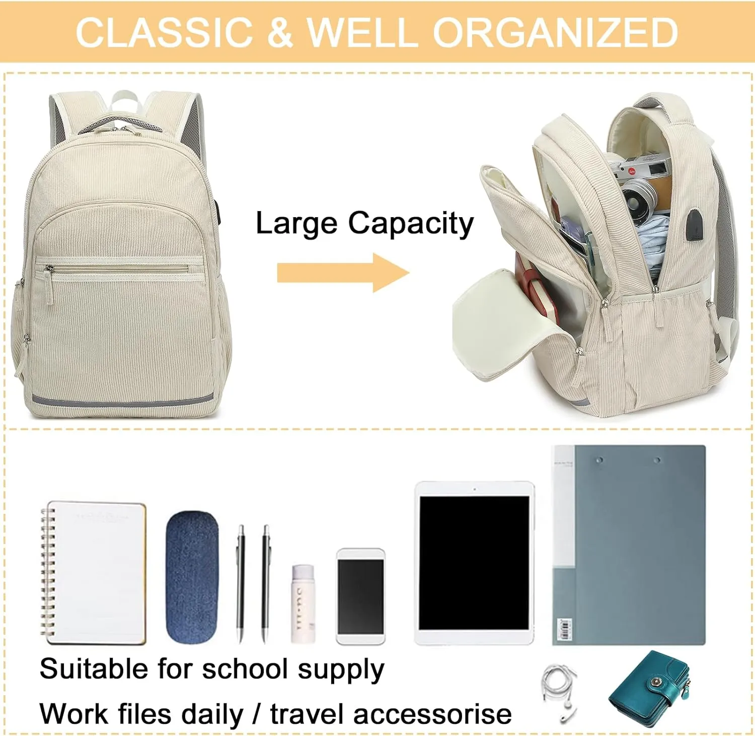 Bluboon Backpack for Women 15.6 Inch Laptop Bookbag College School Backpack Girls Schoolbag Compartment Daypack for Business Travel with USB Charging Port(Corduroy Beige