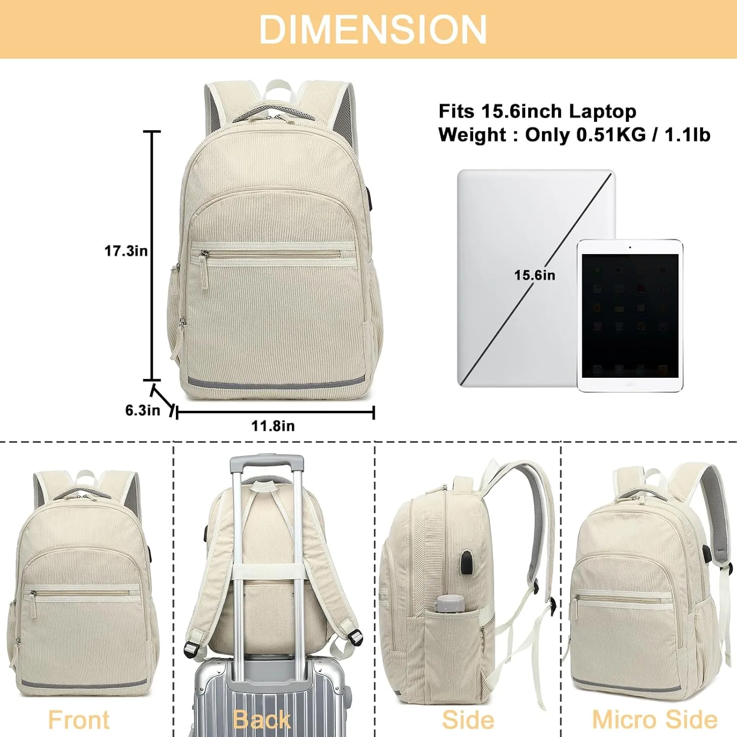 Bluboon Backpack for Women 15.6 Inch Laptop Bookbag College School Backpack Girls Schoolbag Compartment Daypack for Business Travel with USB Charging Port(Corduroy Beige