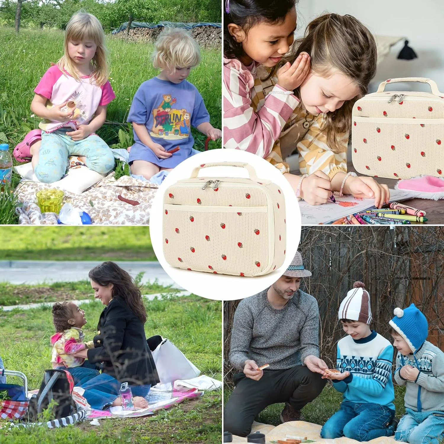 Bluboon Insulated Lunch Bag for Girls & Boys, Corduroy School Lunch Box with Cooler & Organizer Compartments, Leak-Proof Lunch Tote for School, Travel (Corduroy Strawberries Beige)