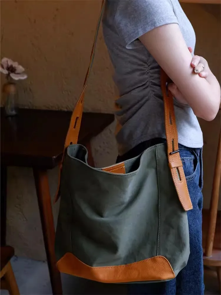 Chic Womens Green Canvas And Leather Handbags Small Over The Shoulder Purse