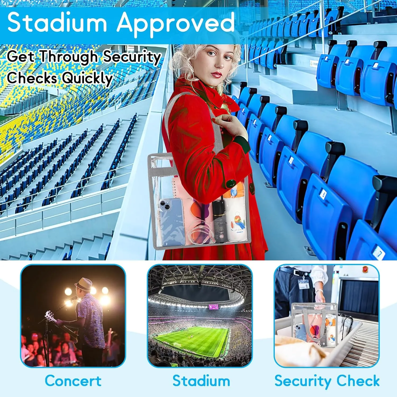 Clear Bag for Stadium Events Approved, 12x6x12 Large Transparent Tote, Clear Bag for Gym Concert Sports