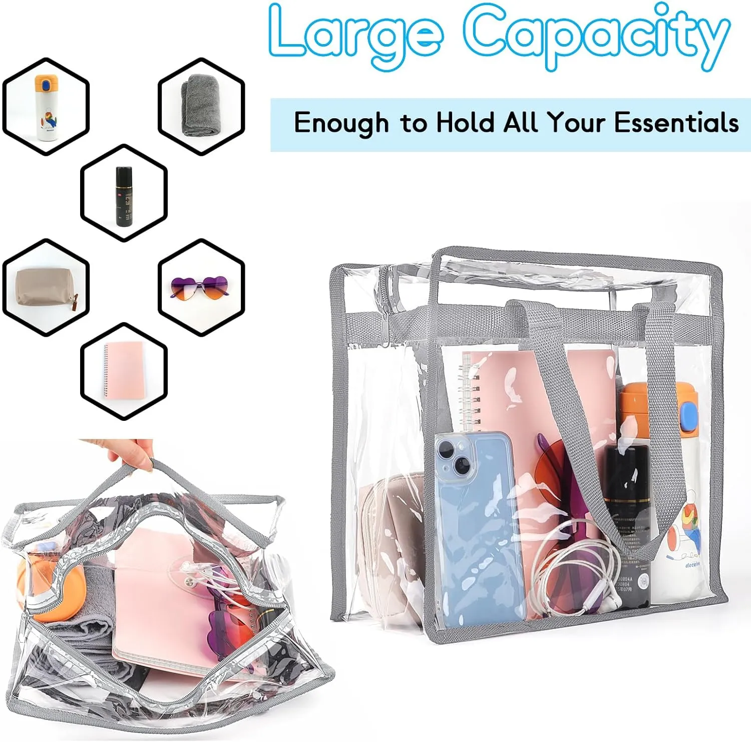 Clear Bag for Stadium Events Approved, 12x6x12 Large Transparent Tote, Clear Bag for Gym Concert Sports
