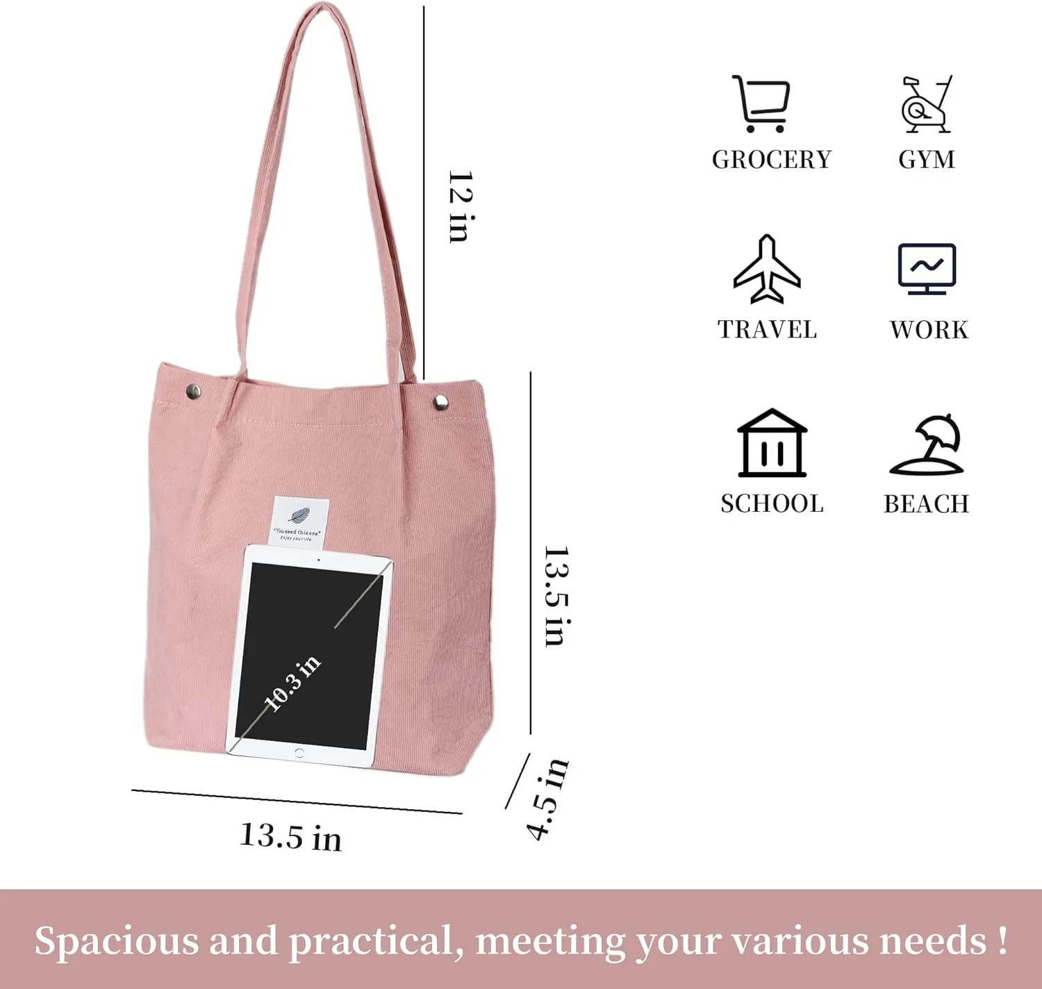 Corduroy Tote Bag Cute Tote Bags for Women Shoulder Bag with Inner Pocket for Work Beach Travel and Shopping Grocery
