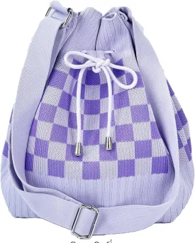 Crochet Checkered Bucket Bag Women Knit Shoulder Tote Hobo Bags Crossbody Purse Summer Beach Bag Drawstring Handbag 2025