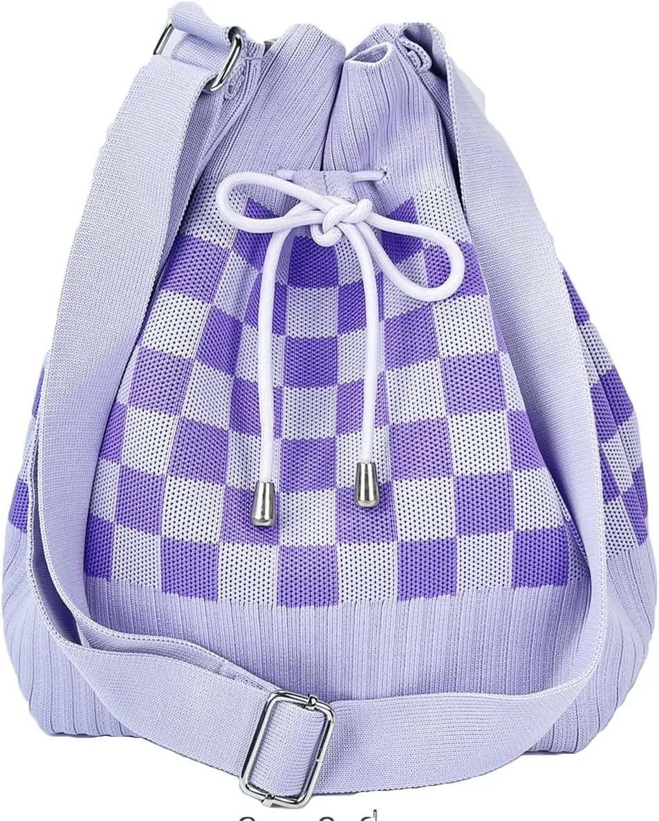 Crochet Checkered Bucket Bag Women Knit Shoulder Tote Hobo Bags Crossbody Purse Summer Beach Bag Drawstring Handbag 2025