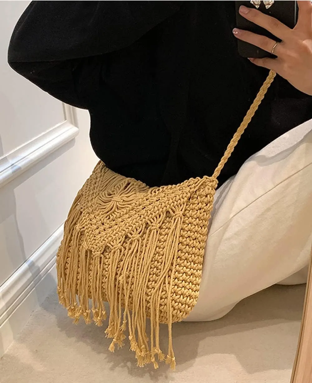 Crossbody Purse for Women Cute Macrame Hobo Satchel Bags Knit Summer Beach Bag Tassels Shoulder Crochet Tote Handbag