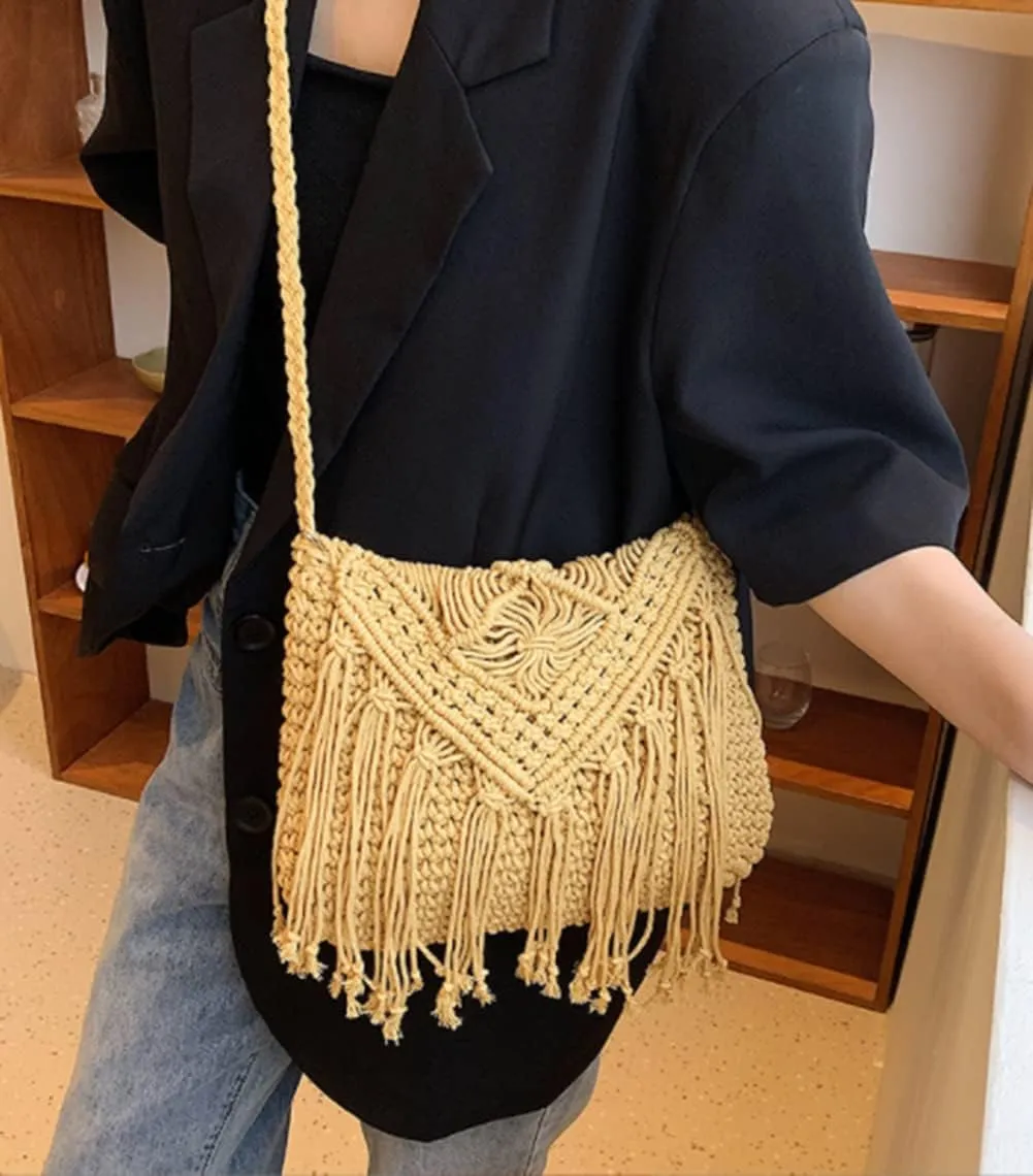 Crossbody Purse for Women Cute Macrame Hobo Satchel Bags Knit Summer Beach Bag Tassels Shoulder Crochet Tote Handbag