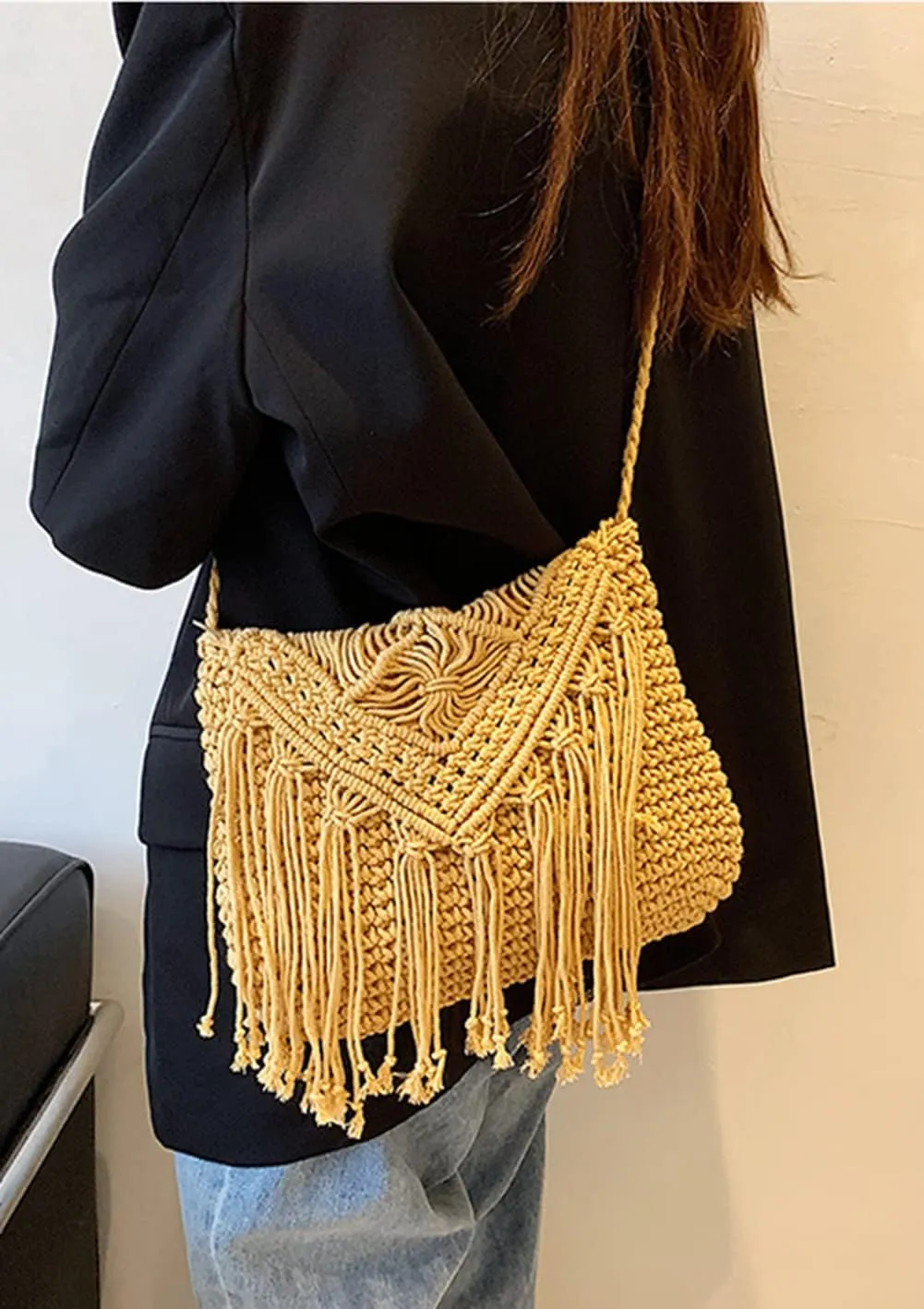 Crossbody Purse for Women Cute Macrame Hobo Satchel Bags Knit Summer Beach Bag Tassels Shoulder Crochet Tote Handbag
