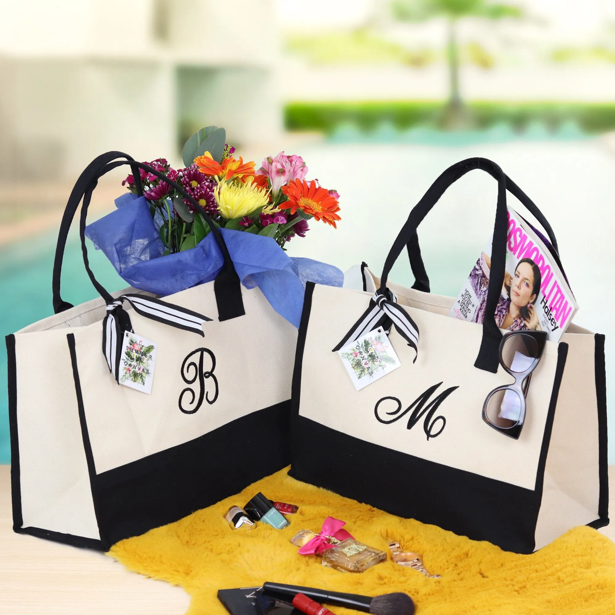 Cute tote bag Monogram Tote Bag with Initial 100% Cotton Canvas and a Chic Personalized Monogram, Beach Bag, Bridesmaid Bag Black