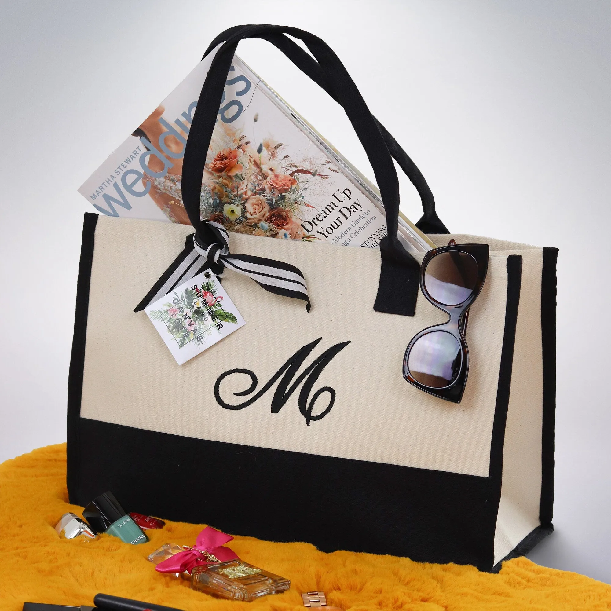 Cute tote bag Monogram Tote Bag with Initial 100% Cotton Canvas and a Chic Personalized Monogram, Beach Bag, Bridesmaid Bag Black