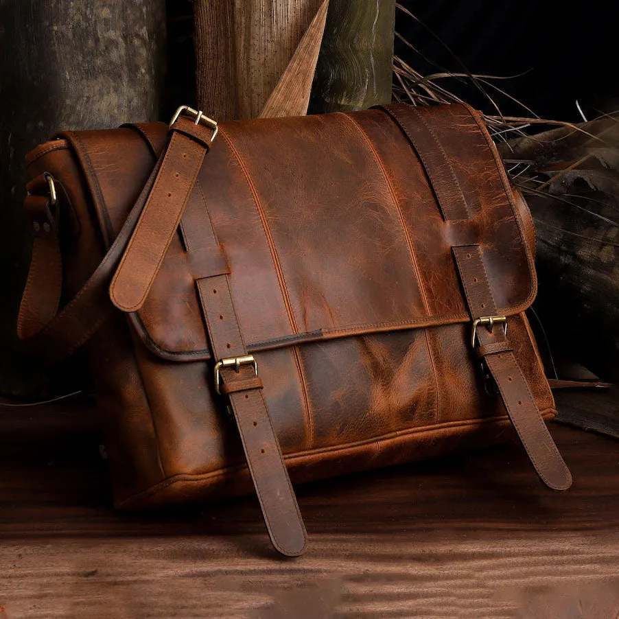 Dazzlo Handmade Leather Messenger Bag - Dark Brown / Tan - 13"