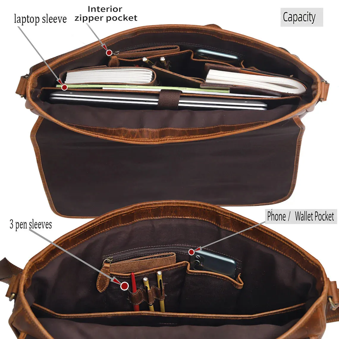 Dazzlo Handmade Leather Messenger Bag - Dark Brown / Tan - 13"