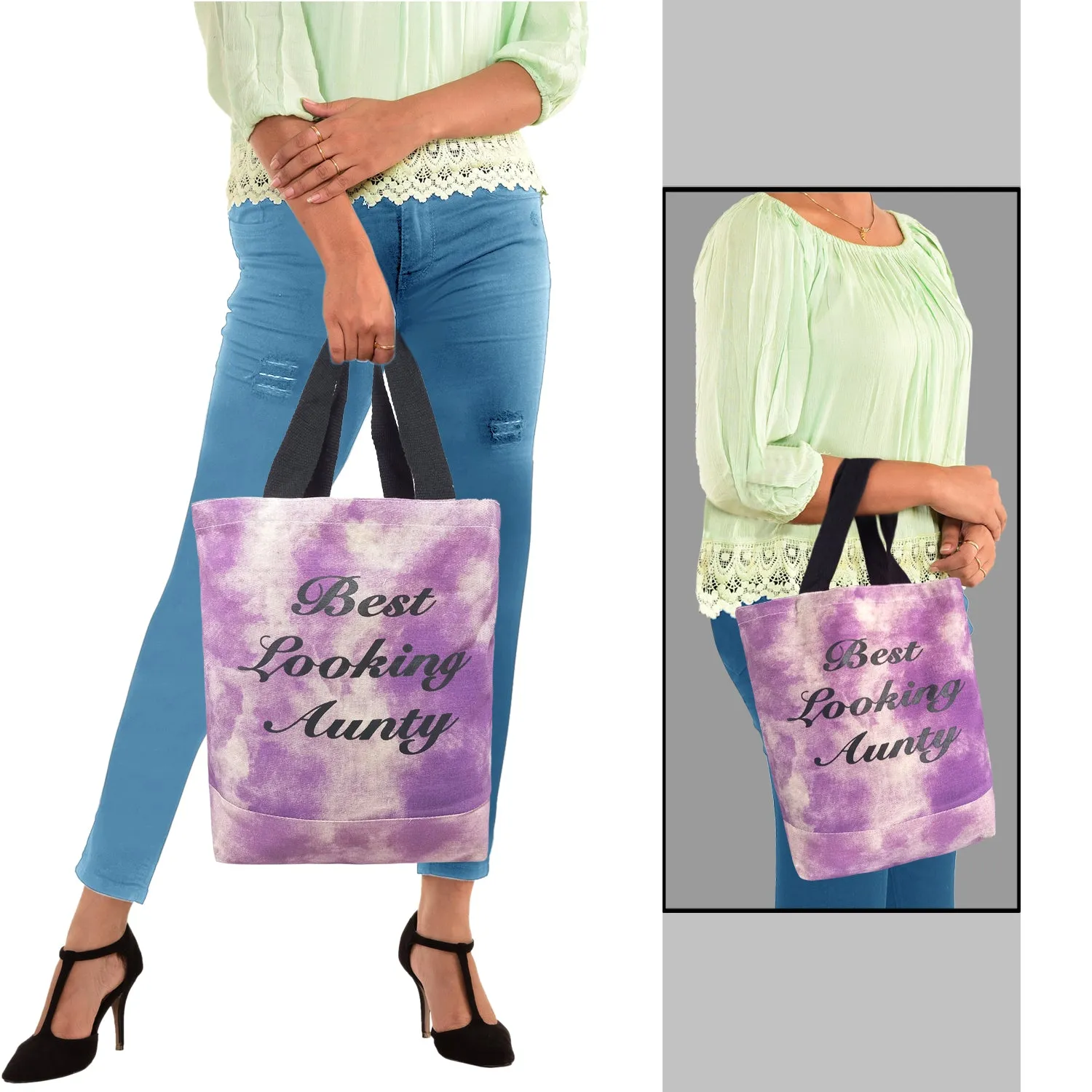 Deeya Cotton Canvas Medium Size Eco Friendly Women's Shopping & Beach Bag Best Looking Aunty (Purple, Set of 1)