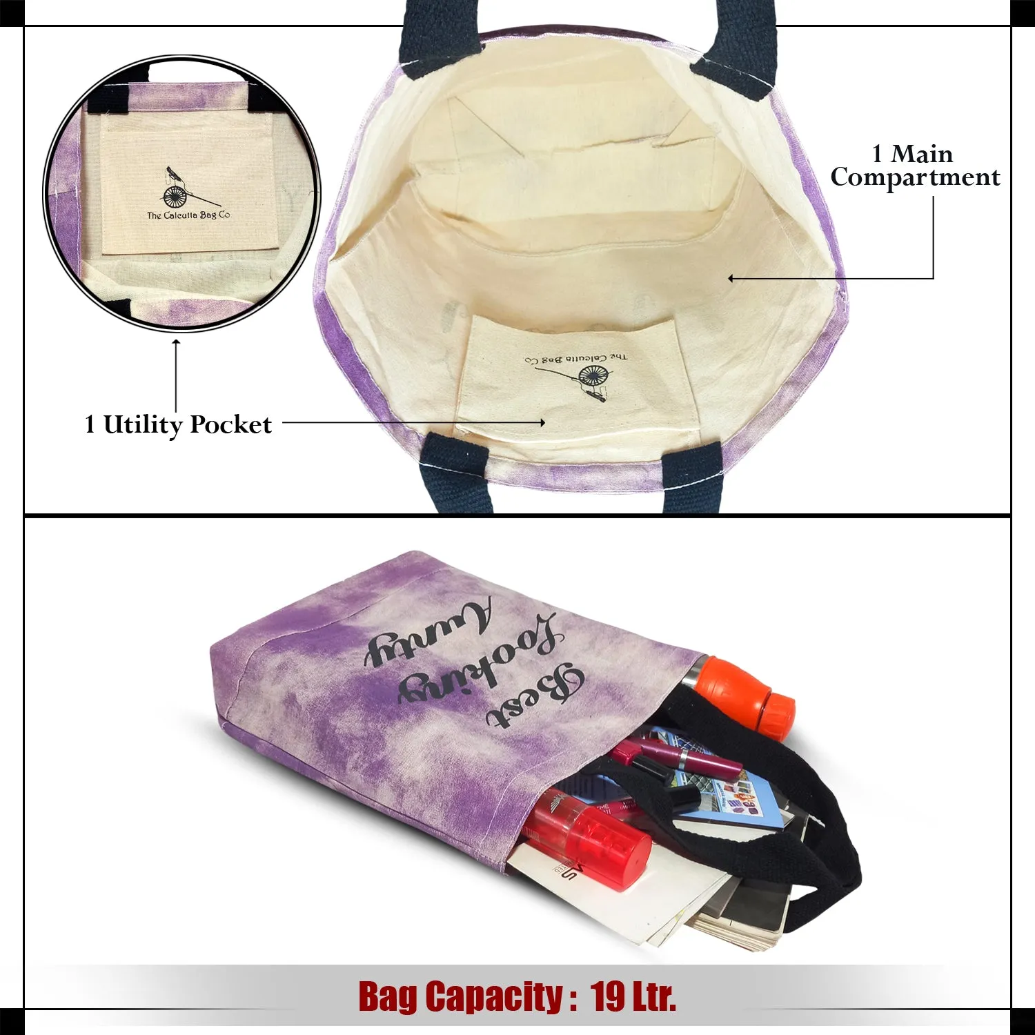 Deeya Cotton Canvas Medium Size Eco Friendly Women's Shopping & Beach Bag Best Looking Aunty (Purple, Set of 1)