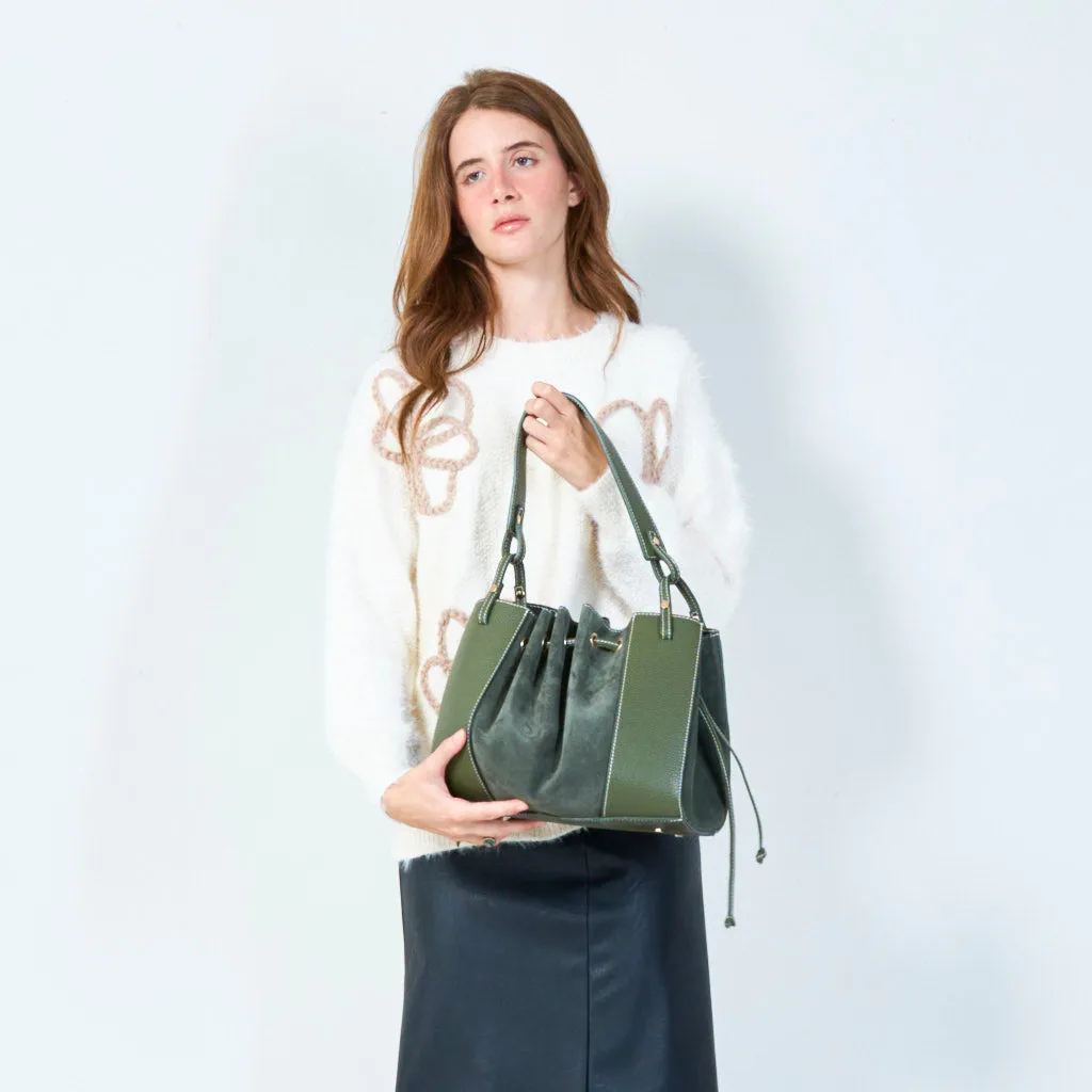 Drawstring bucket bag with structured base wholesale