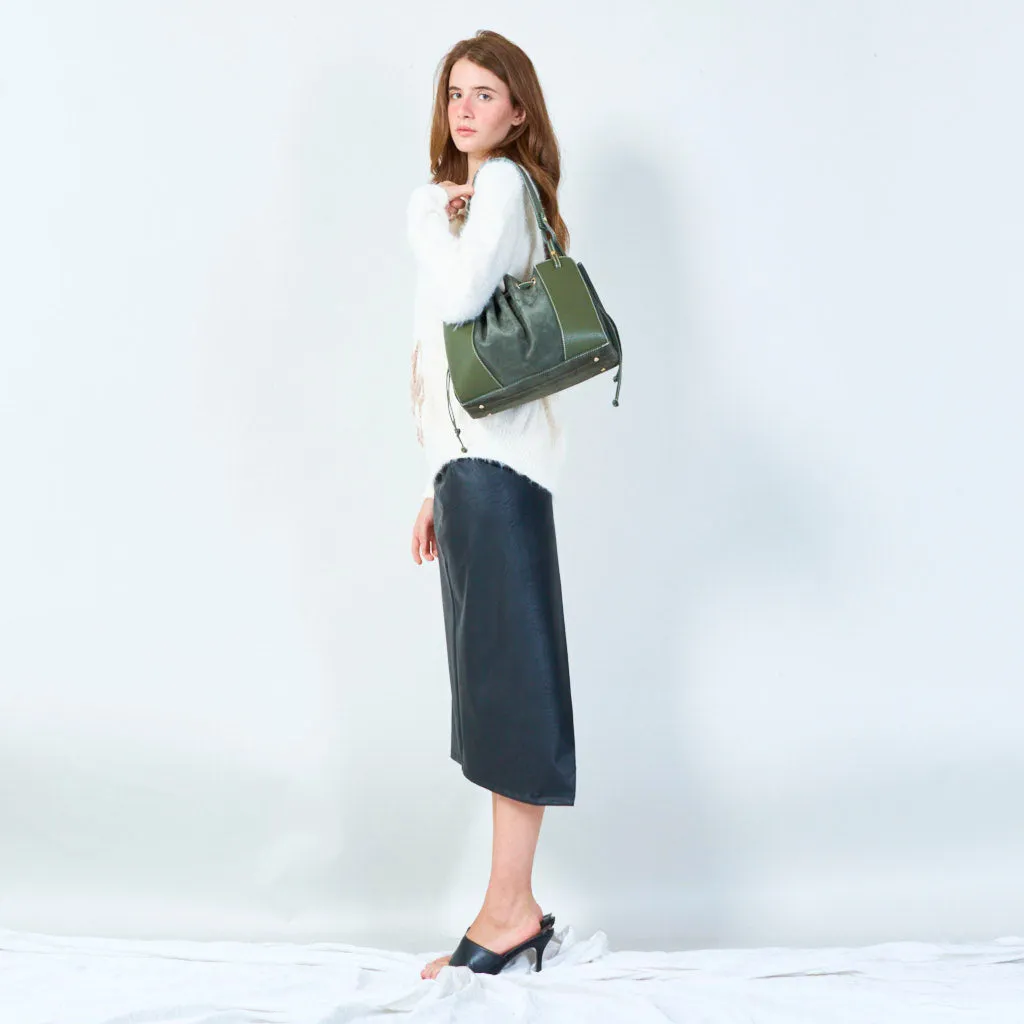Drawstring bucket bag with structured base wholesale