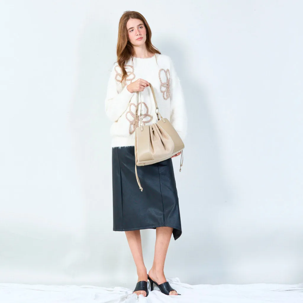 Drawstring bucket bag with structured base wholesale