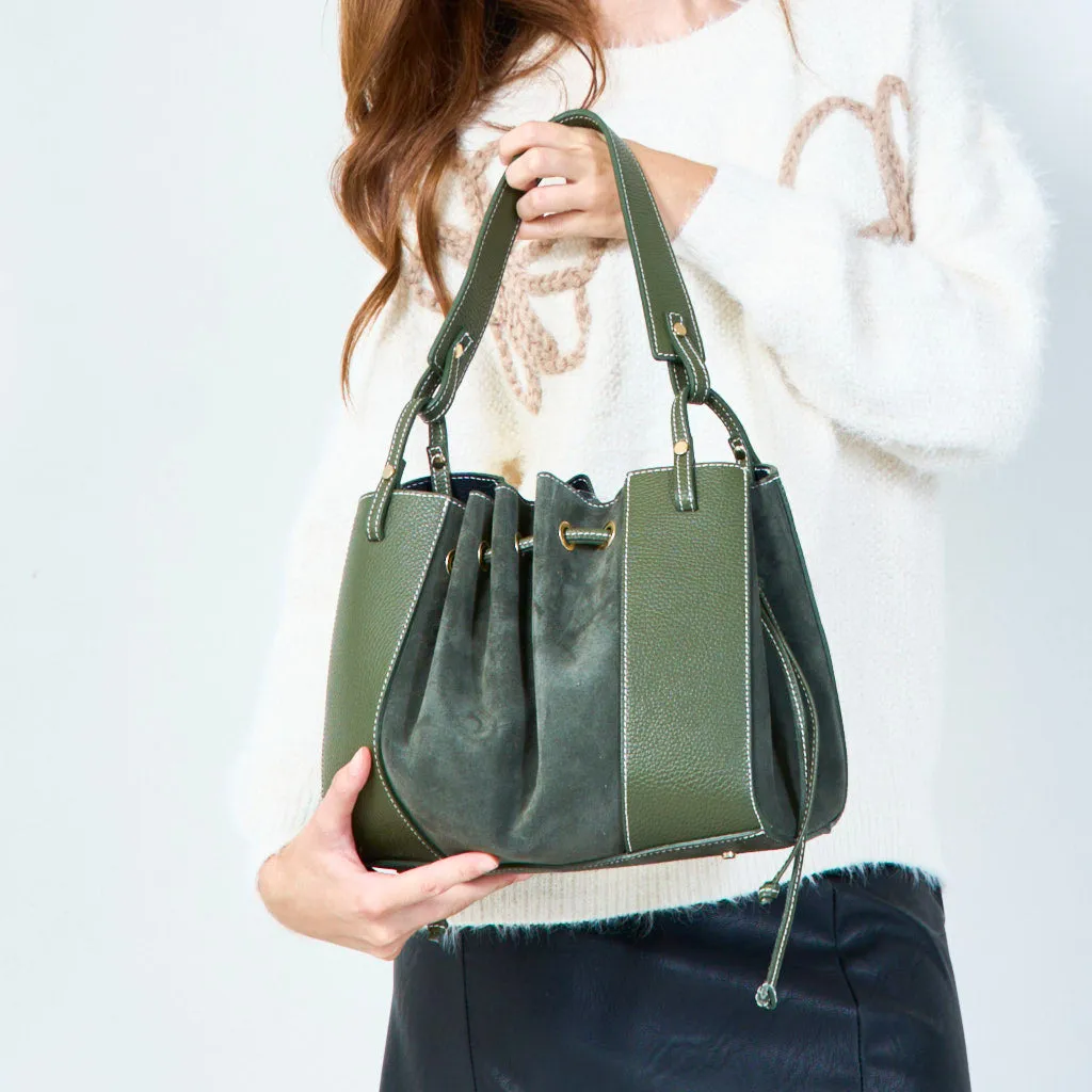 Drawstring bucket bag with structured base wholesale