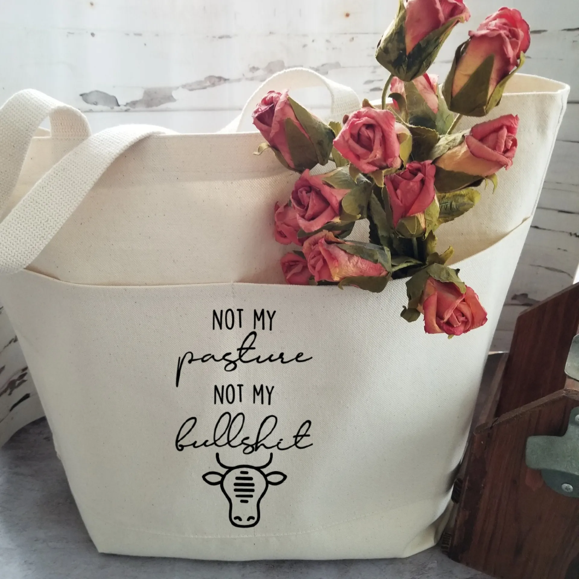 Farmhouse Heavy Cotton Canvas Tote | Large Funny Tote Bag with Pockets | Reusable Bag for Shopping, Beach. Books, or Overnight