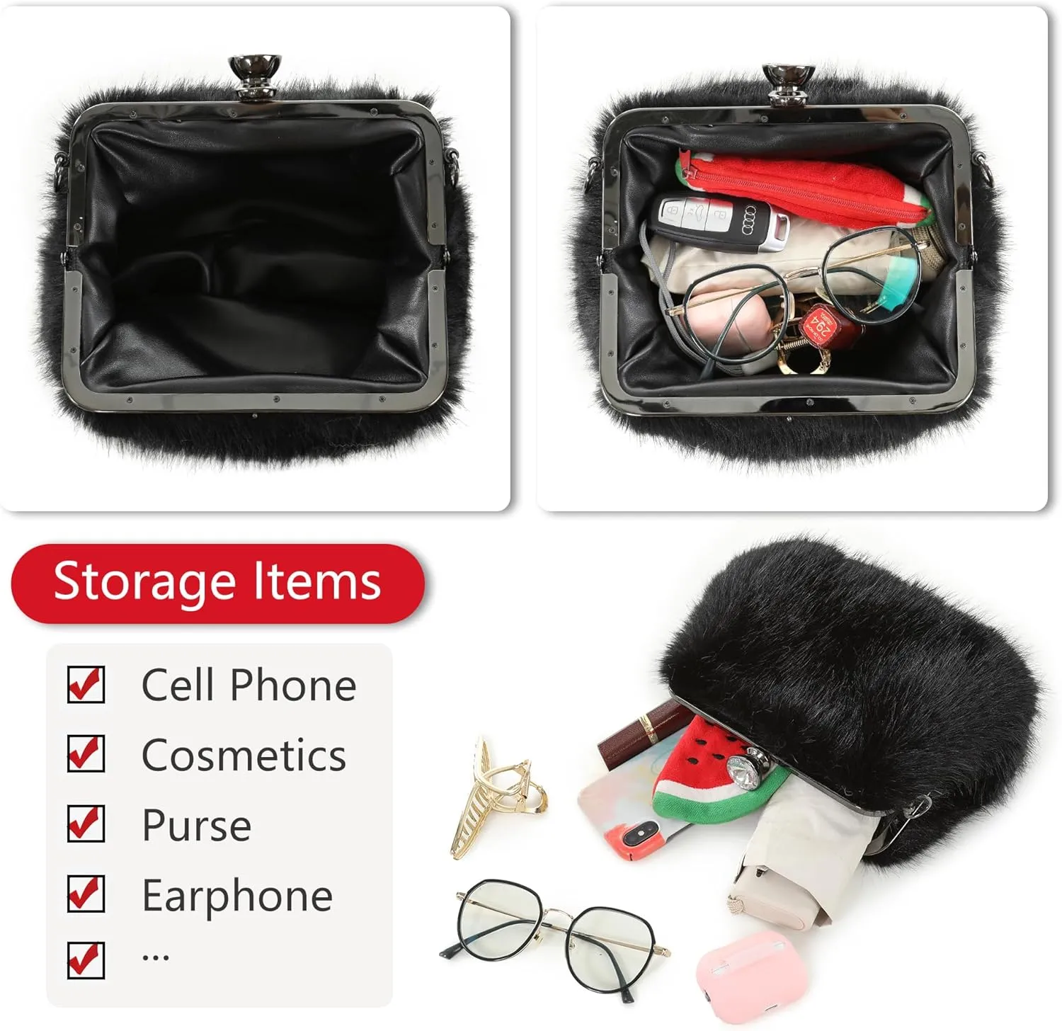 Fur Story Tote Bag Faux Fur Purses for Women Plush Handbag Fuzzy Shoulder Bag Big Capacity Black Purse for womens Girls
