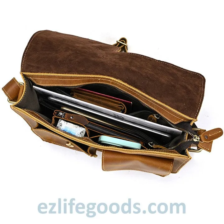 Genuine Cow Leather Messenger Bag for Men| Mens Crossbody with Many Pockets