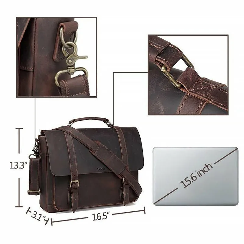 Genuine Cowhide Leather Messenger Bag fits 15.6in Laptop