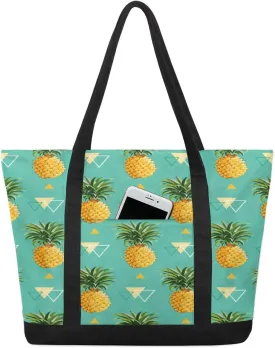 Geometric Pineapple Tote Bag for Women Work Canvas Travel Tote Bags with Zipper Large Capacity Casual Handbag with Inner Pockets Reusable Shopping Shoulder Bag for Teacher Nurse