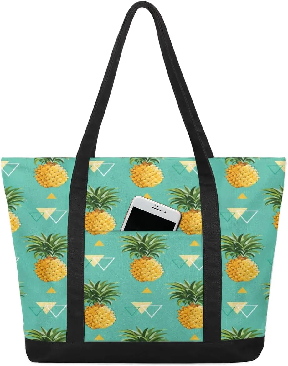 Geometric Pineapple Tote Bag for Women Work Canvas Travel Tote Bags with Zipper Large Capacity Casual Handbag with Inner Pockets Reusable Shopping Shoulder Bag for Teacher Nurse