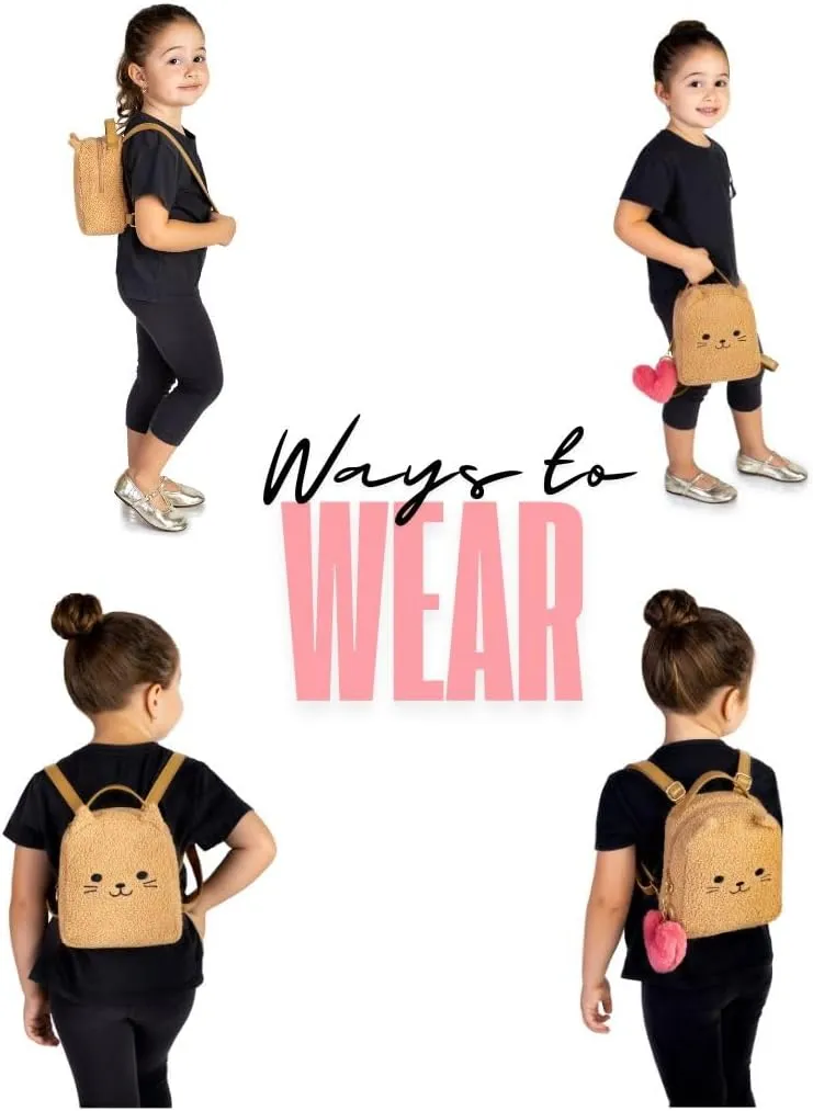 Kids Backpack Cat Mini Backpack for toddler Terry Kitten Kitty Sherpa Kitten with Fluffy Heart Keychain for Daycare Soft Backpack, Light Brown