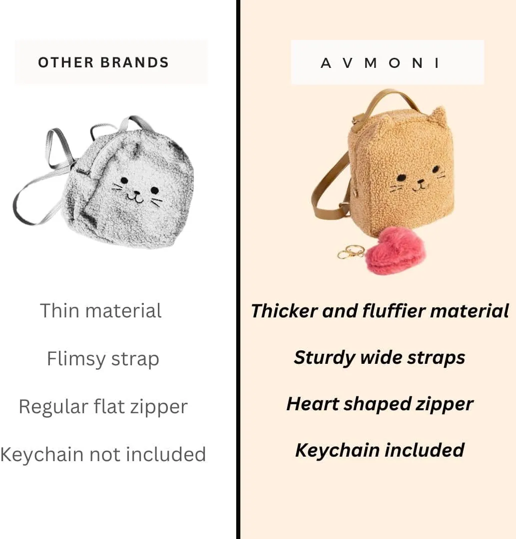 Kids Backpack Cat Mini Backpack for toddler Terry Kitten Kitty Sherpa Kitten with Fluffy Heart Keychain for Daycare Soft Backpack, Light Brown