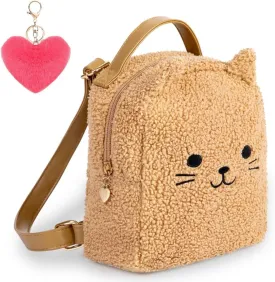 Kids Backpack Cat Mini Backpack for toddler Terry Kitten Kitty Sherpa Kitten with Fluffy Heart Keychain for Daycare Soft Backpack, Light Brown