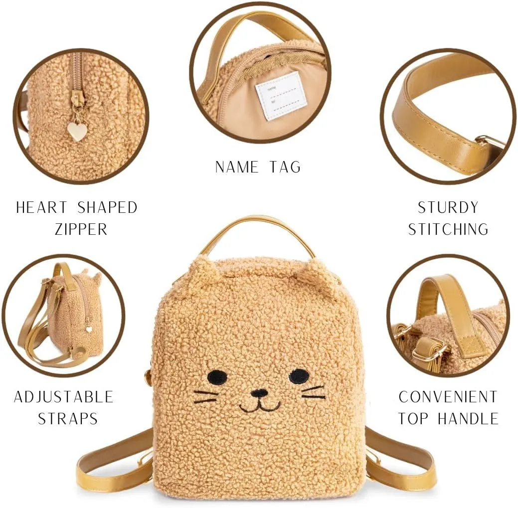 Kids Backpack Cat Mini Backpack for toddler Terry Kitten Kitty Sherpa Kitten with Fluffy Heart Keychain for Daycare Soft Backpack, Light Brown