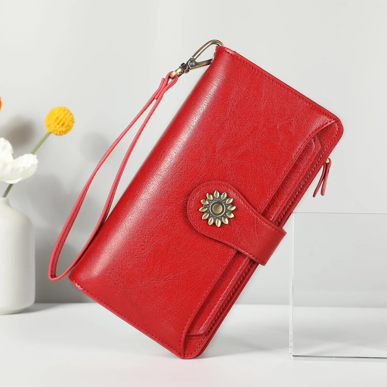 Lavemi Womens Genuine Leather Large Capacity RFID Blocking Wallets Clutch Card Holder With Wristlet Strap