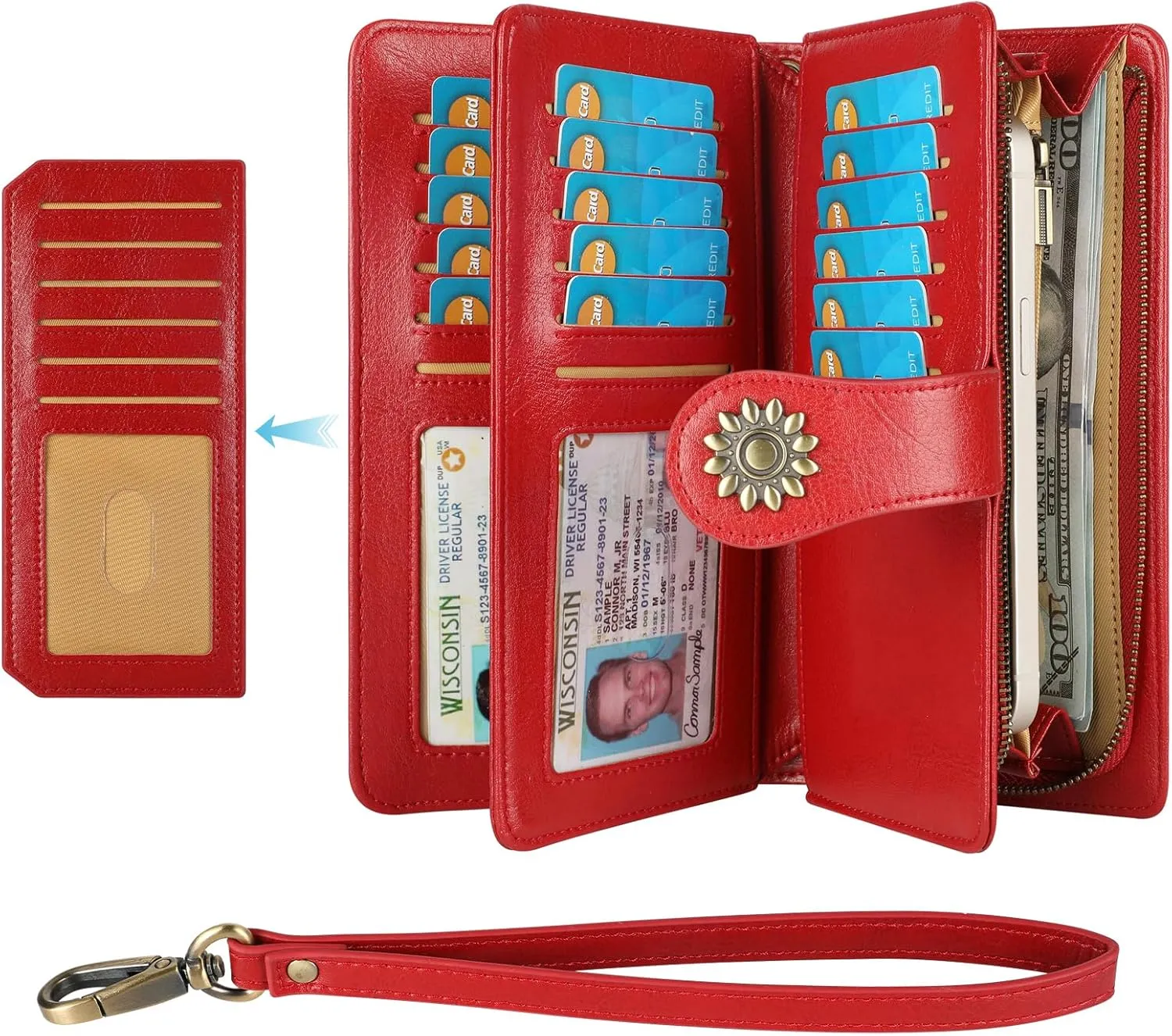 Lavemi Womens Genuine Leather Large Capacity RFID Blocking Wallets Clutch Card Holder With Wristlet Strap