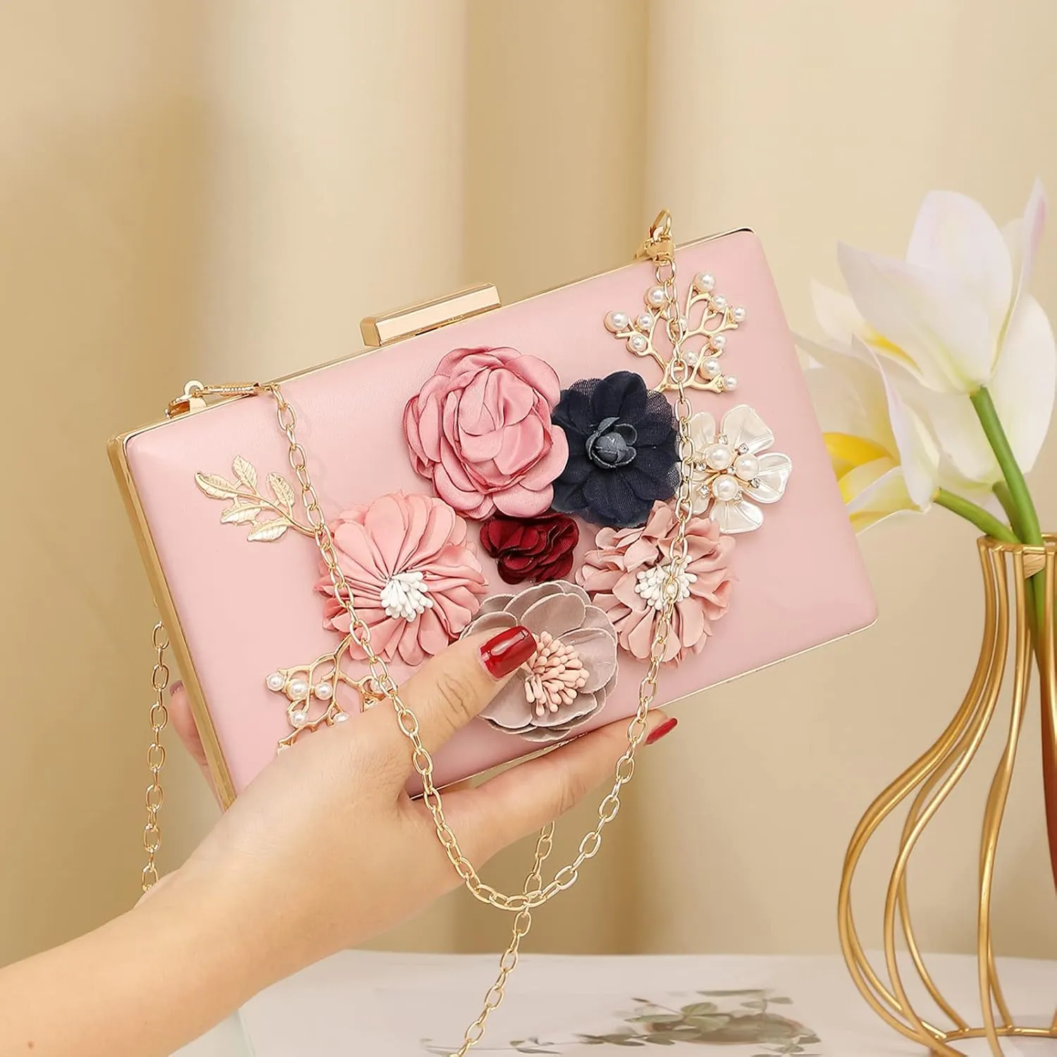 LETODE Flower Clutch Purse Evening Bag for Women Formal Party Handbag Chain Strap Shoulder Bag