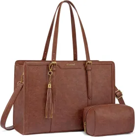 LOVEVOOK Laptop Bag for Women Vintage Leather Laptop Tote 15.6 inch Large Capacity Computer bag with Clutch Purse for Work