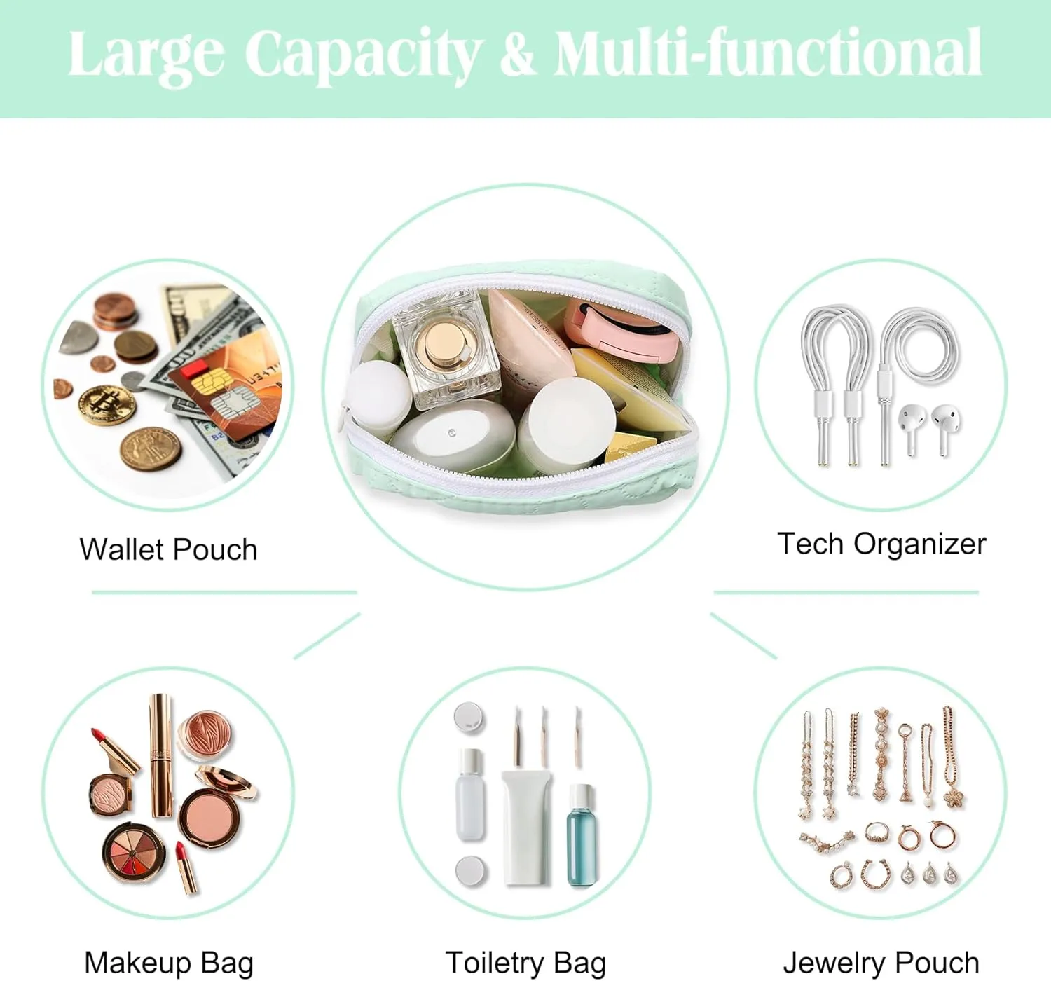 Mini Makeup Bag with Detachable Faux Pearl Chain: Cute & Compact Cosmetic Pouch for Purse, Multi-Functional Small Makeup Bag for Travel and Everyday Use-Mint