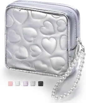 Mini Makeup Bag with Detachable Faux Pearl Chain: Cute & Compact Cosmetic Pouch for Purse, Multi-Functional Small Makeup Bag for Travel and Everyday Use-Silver