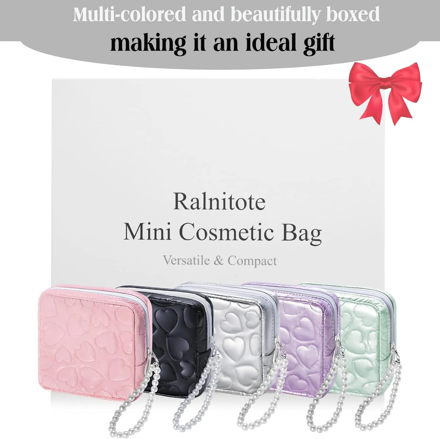Mini Makeup Bag with Detachable Faux Pearl Chain: Cute & Compact Cosmetic Pouch for Purse, Multi-Functional Small Makeup Bag for Travel and Everyday Use-Silver