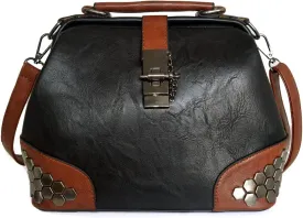 Mn&Sue Gothic Rivet Studded Vintage Doctor Style Cross Body Convertible Bucket Shoulder Handbag for Women